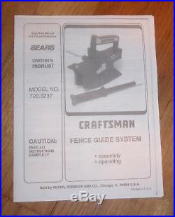 Sears Craftsman Table Saw Fence Guide System Owners Manual 720.3237 3237